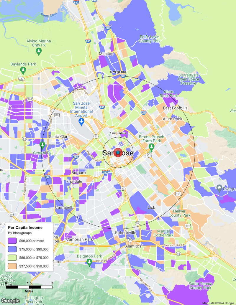 Map of San Jose,California including demographic data