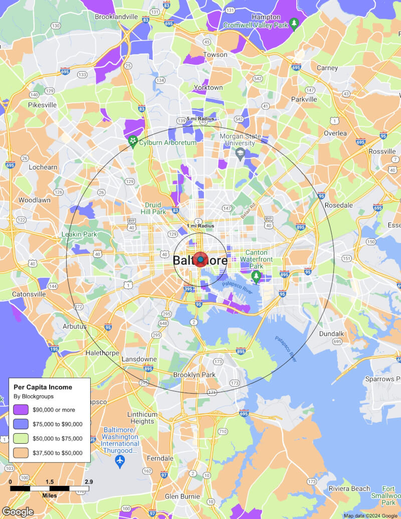 Map of Baltimore,Maryland including demographic data