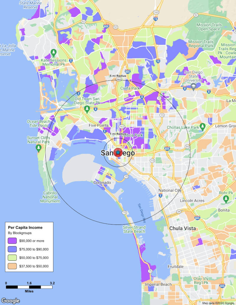 Map of San Diego,California including demographic data