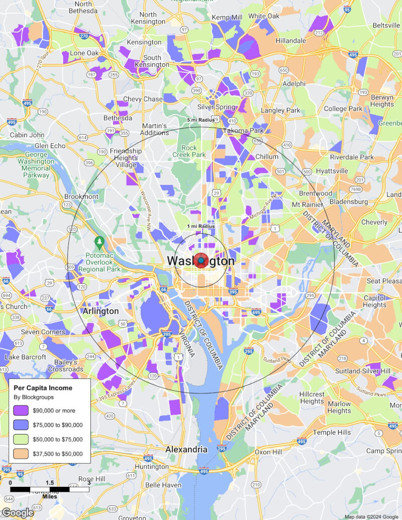 Map of Washington,District of Columbia including demographic data