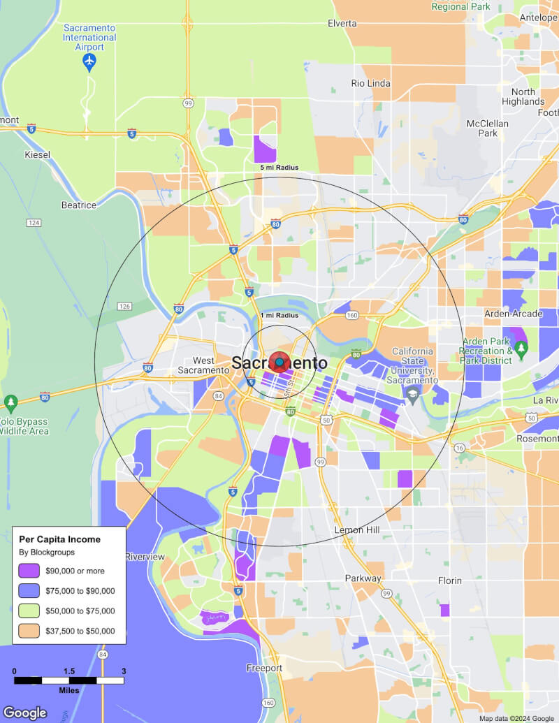 Map of Sacramento,California including demographic data