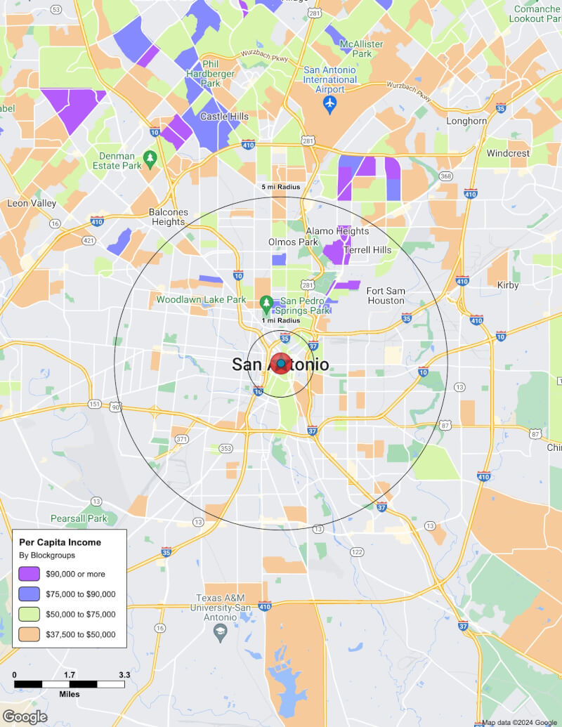 Map of San Antonio,Texas including demographic data