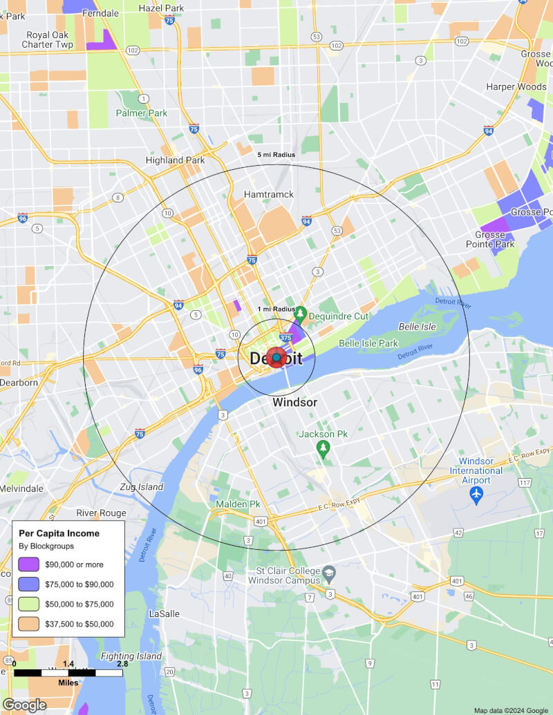 Map of Detroit,Michigan including demographic data