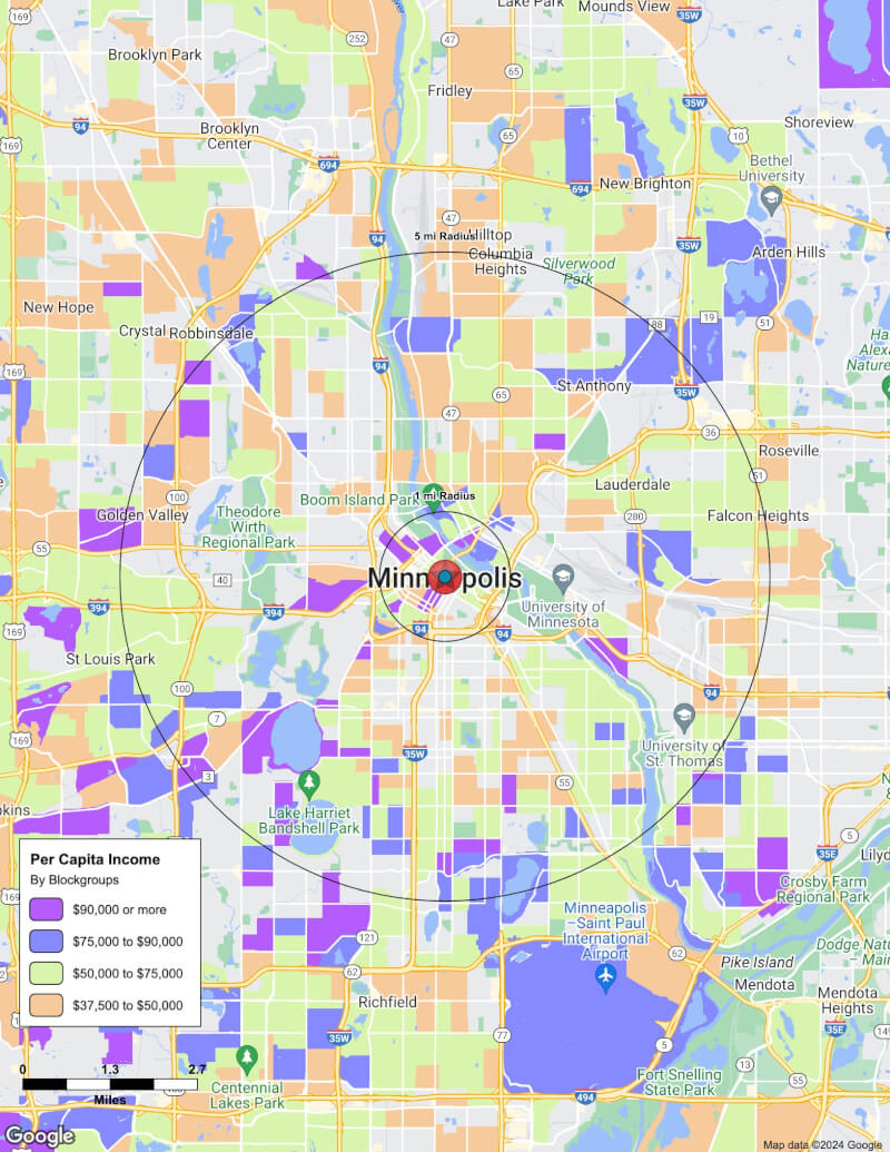 Map of Minneapolis,Minnesota including demographic data