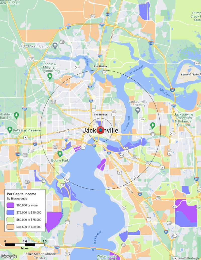 Map of Jacksonville,Florida including demographic data
