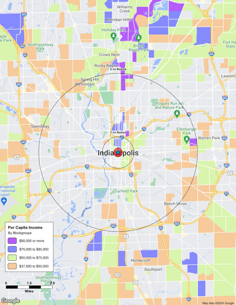 Map of Indianapolis,Indiana including demographic data