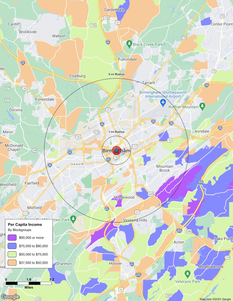 Map of Birmingham,Alabama including demographic data