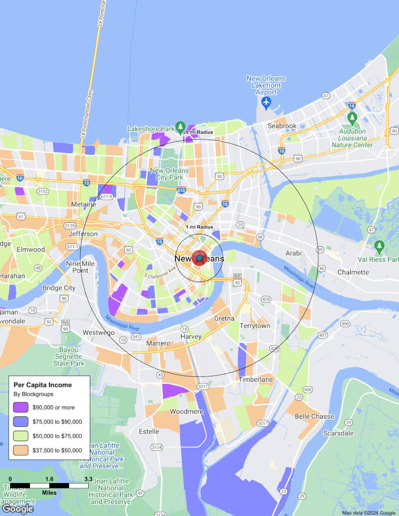 Map of New Orleans,Louisiana including demographic data