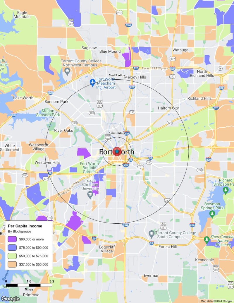 Map of Fort Worth,Texas including demographic data