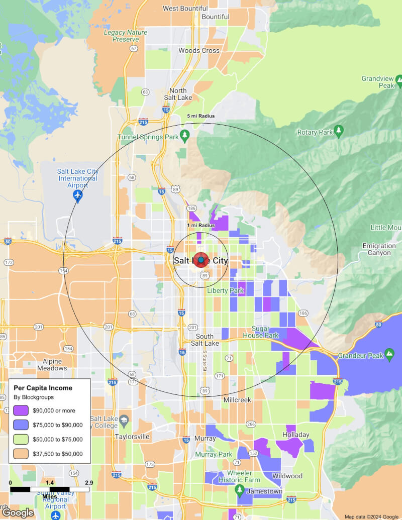 Map of Salt Lake City,Utah including demographic data