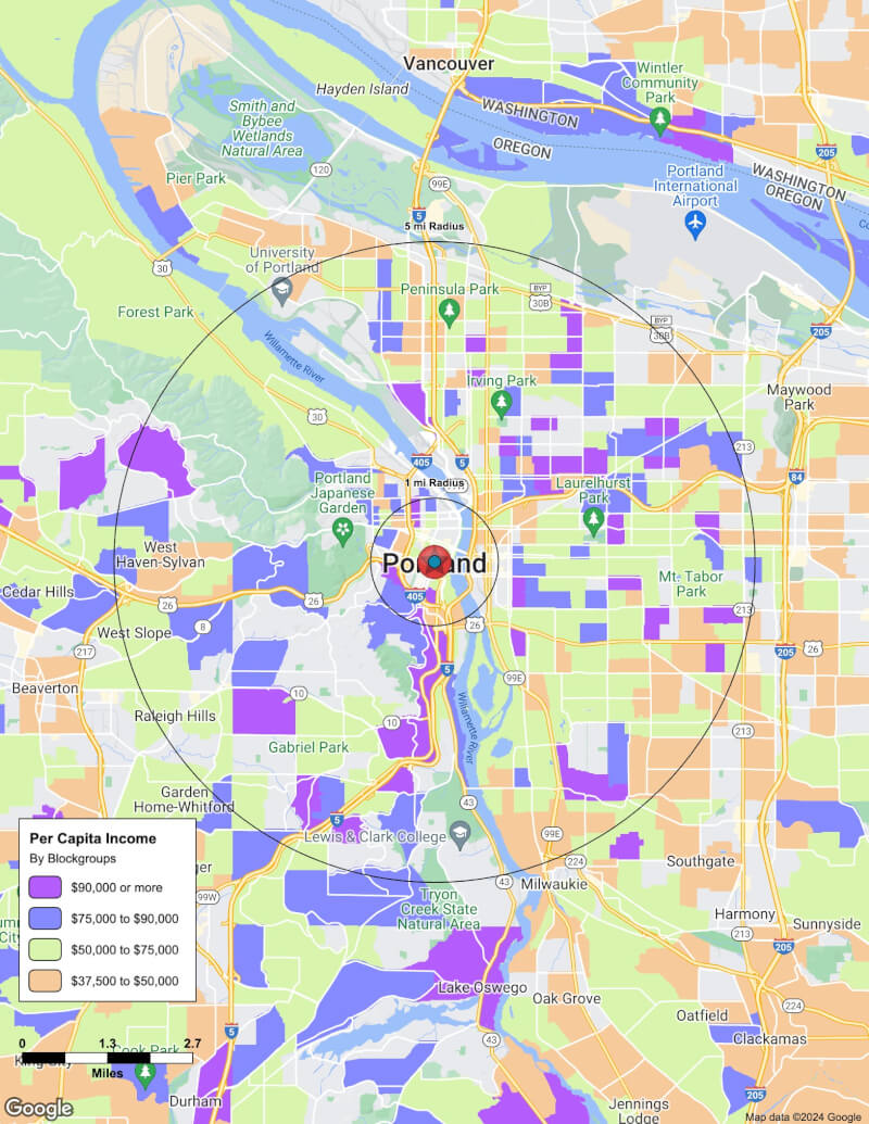 Map of Portland,Oregon including demographic data