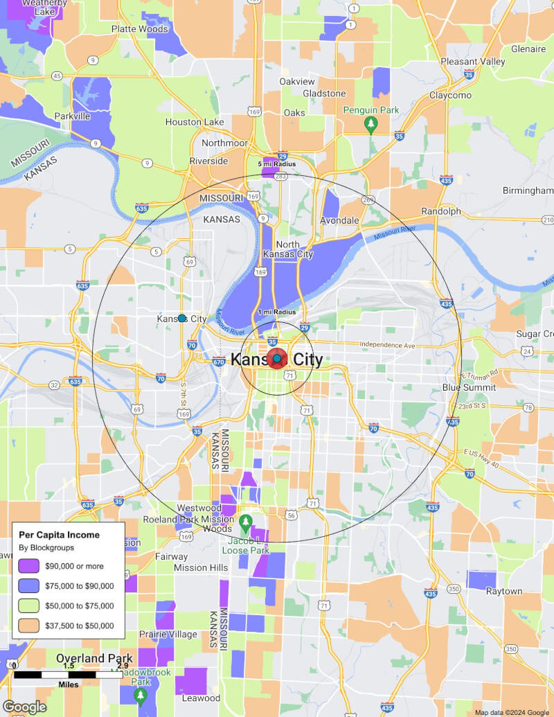Map of Kansas City,Missouri including demographic data
