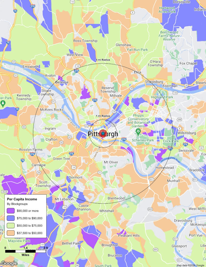 Map of Pittsburgh,Pennsylvania including demographic data