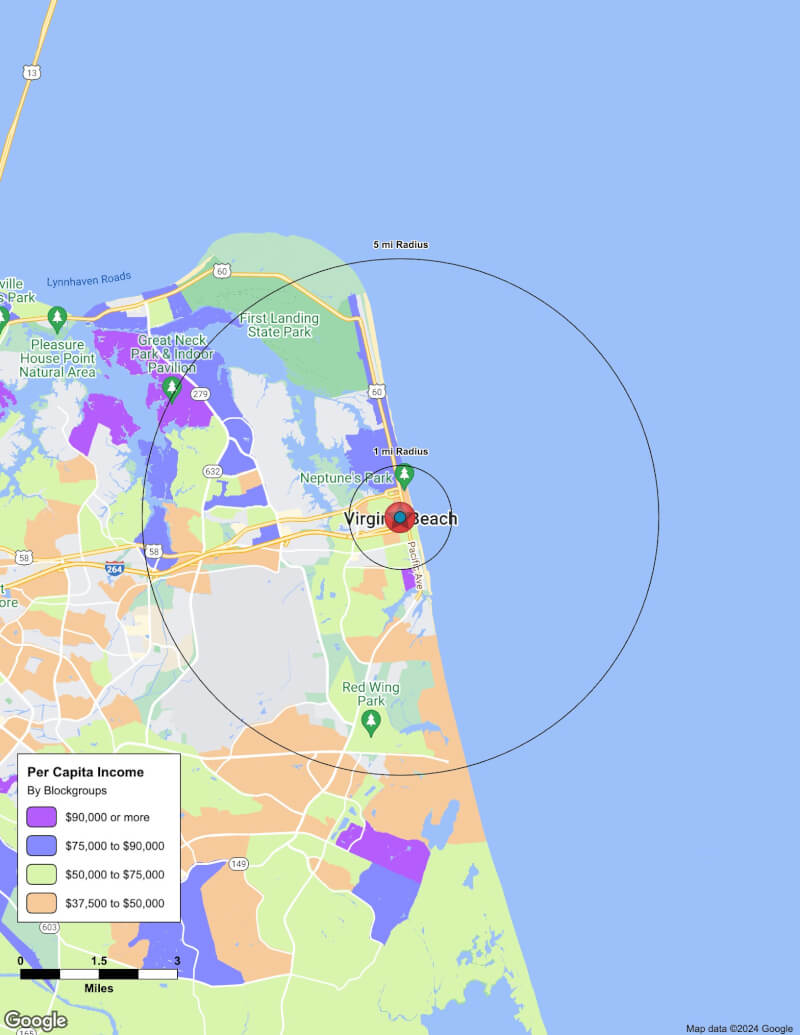 Map of Virginia Beach,Virginia including demographic data