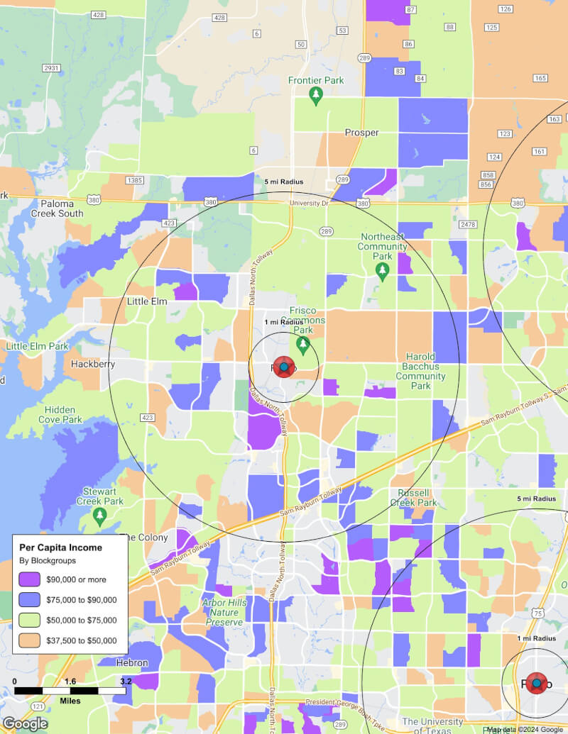 Map of Frisco,Texas including demographic data