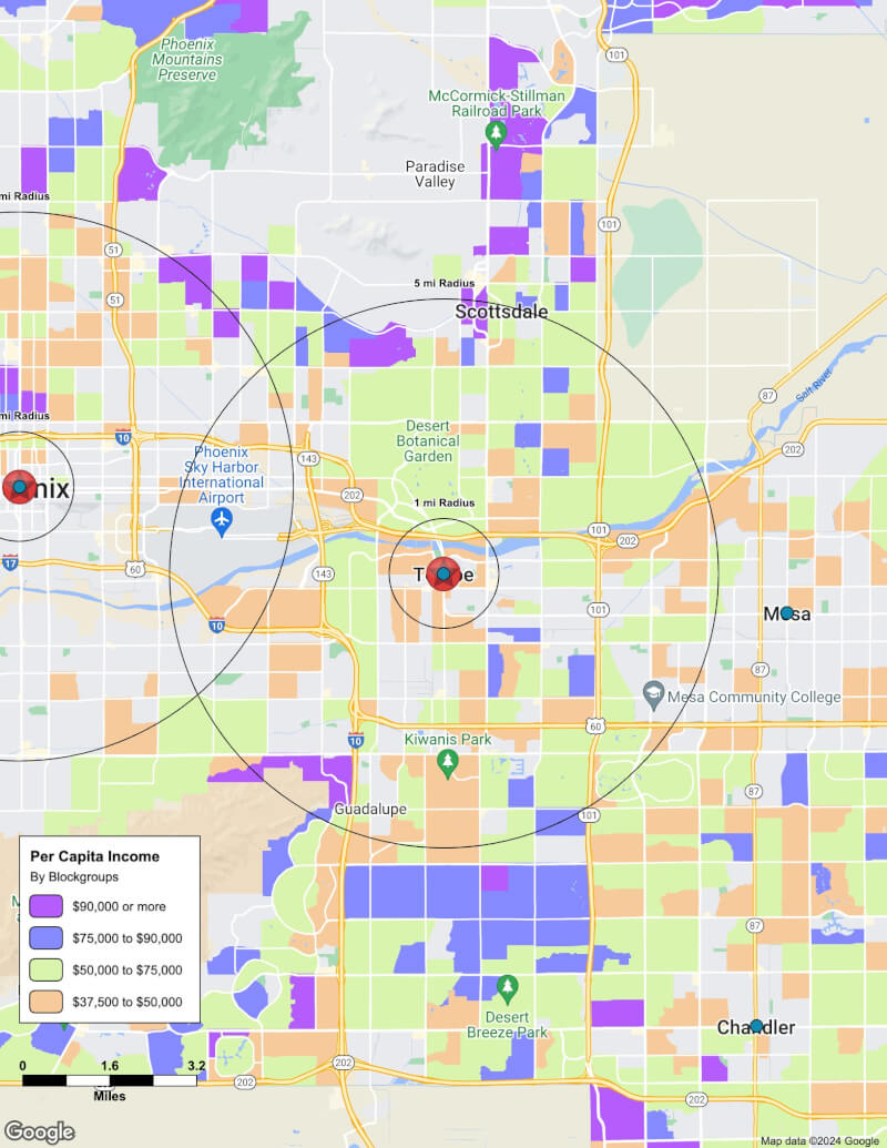 Map of Tempe,Arizona including demographic data