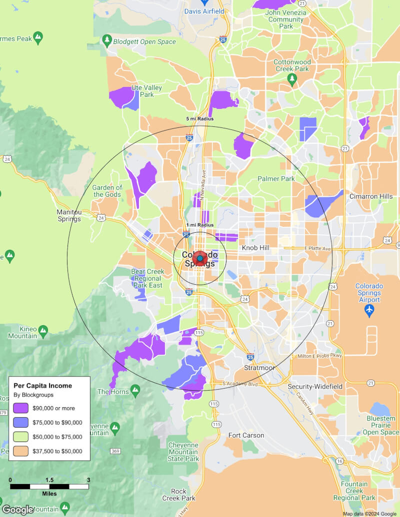 Map of Colorado Springs,Colorado including demographic data