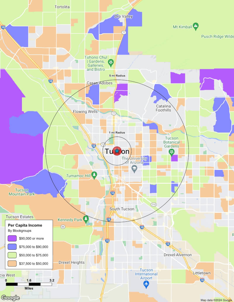 Map of Tucson,Arizona including demographic data