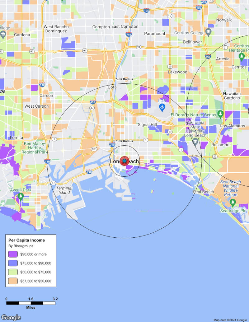 Map of Long Beach,California including demographic data