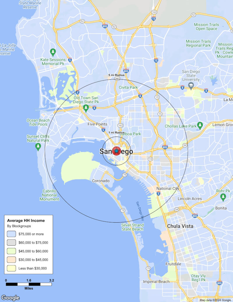 Map of San Diego,California including demographic data