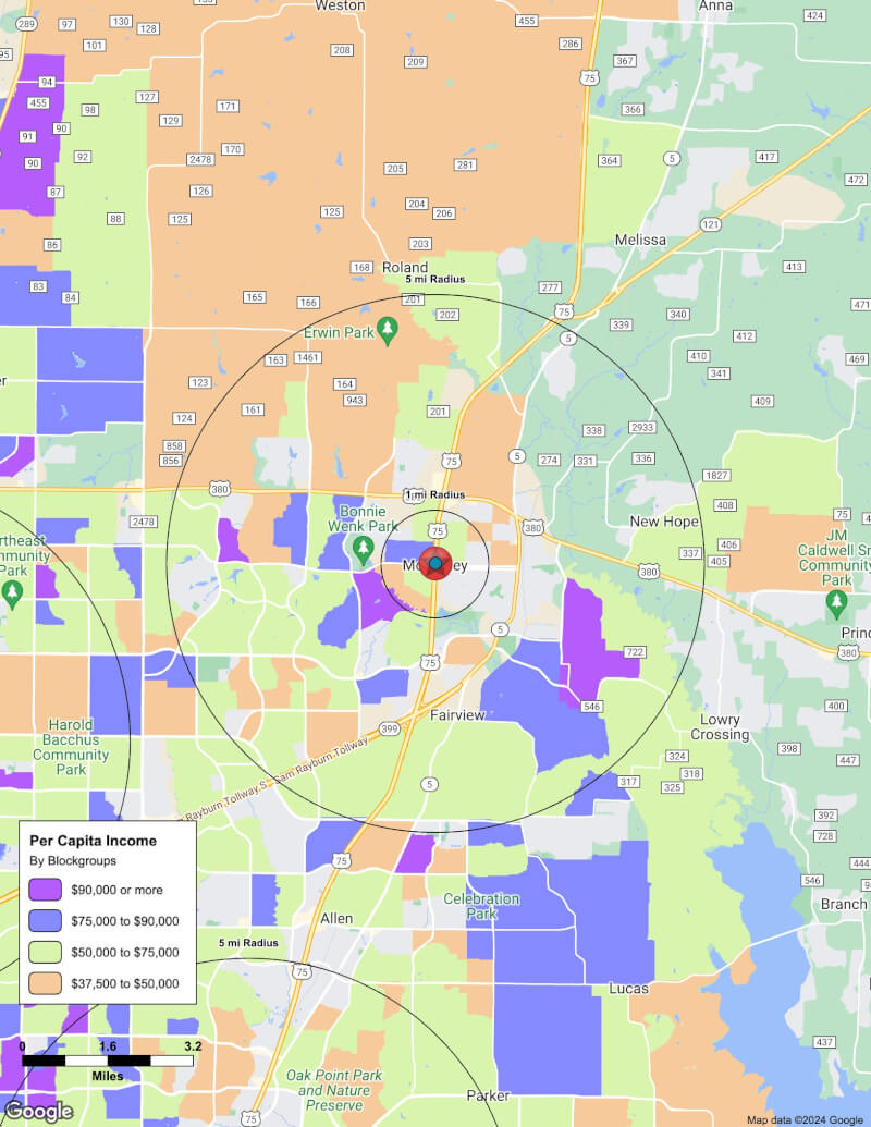 Map of McKinney,Texas including demographic data