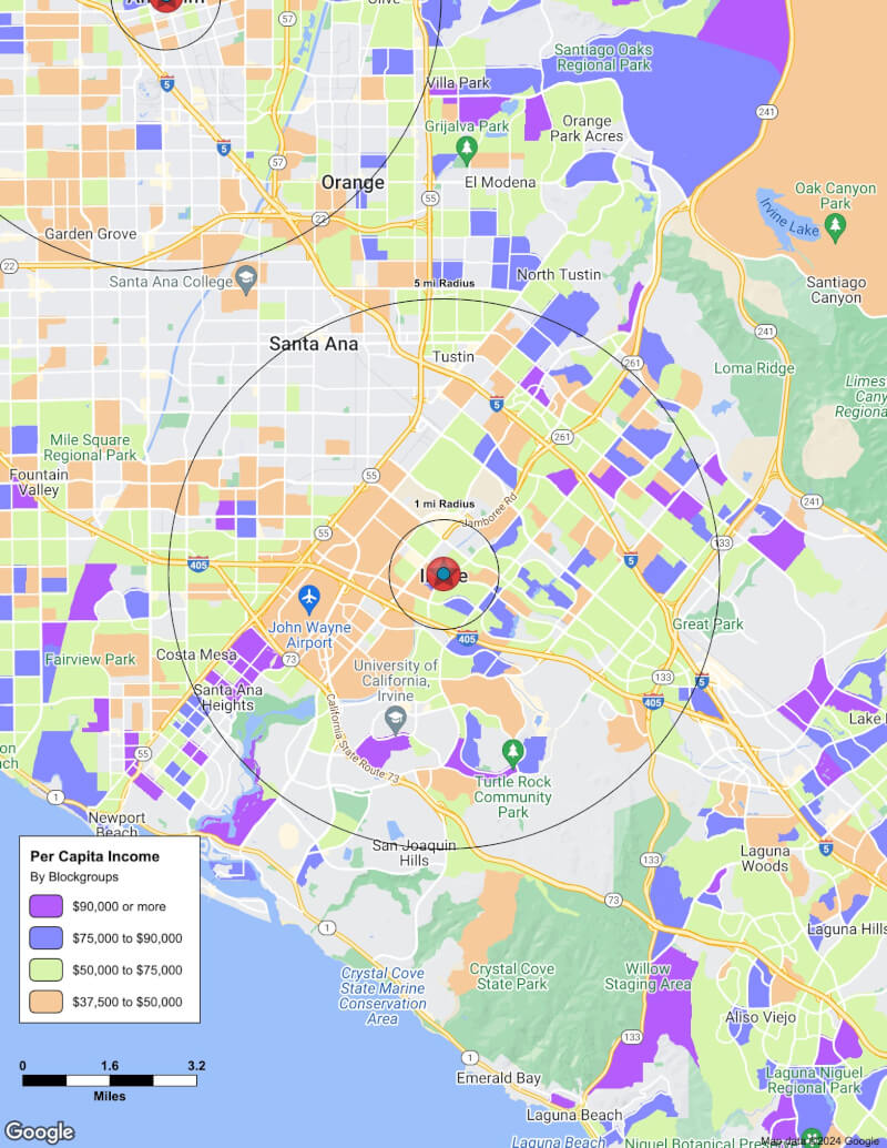 Map of Irvine,California including demographic data