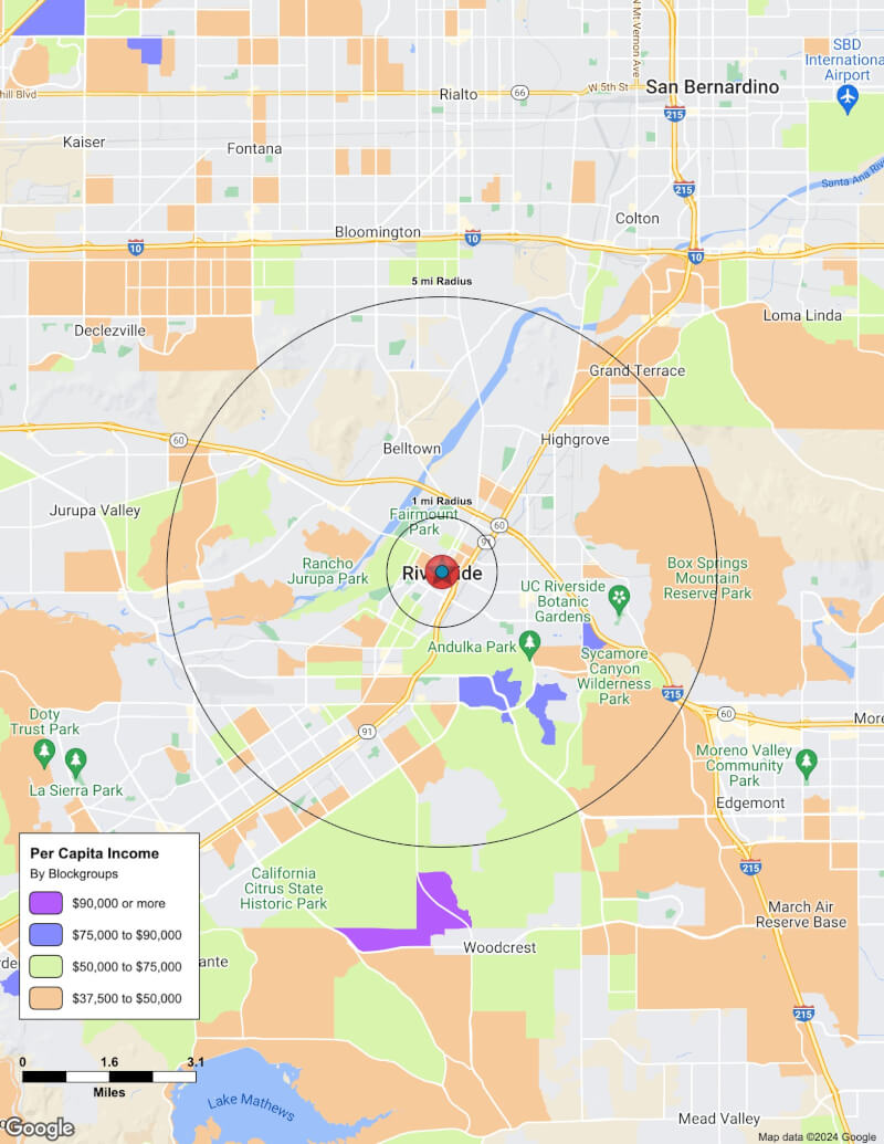 Map of Riverside,California including demographic data