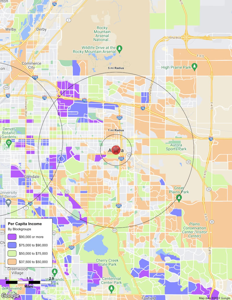Map of Aurora,Colorado including demographic data