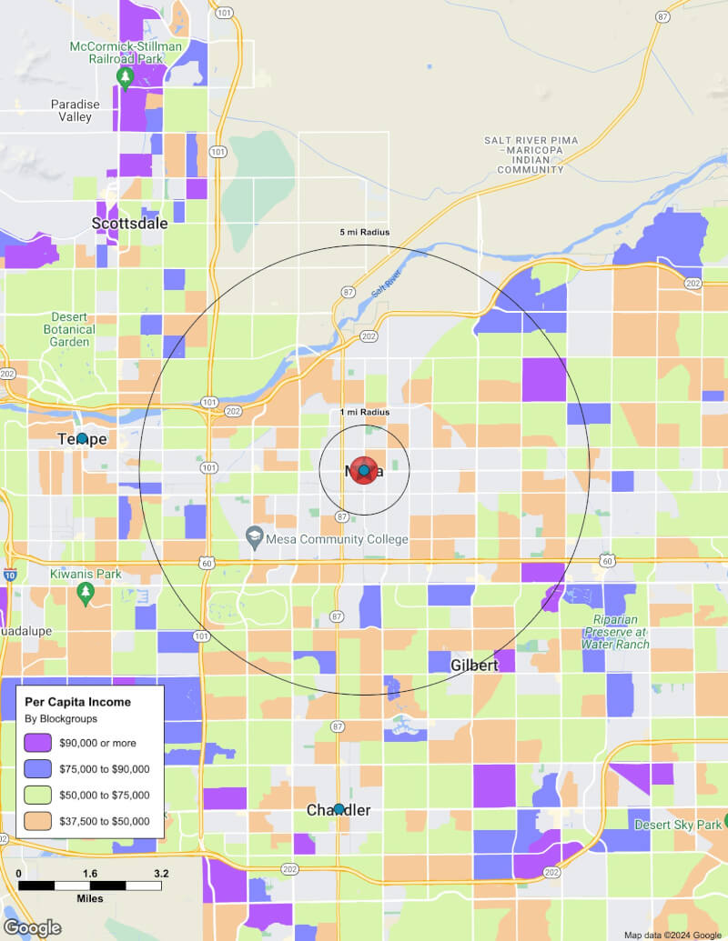 Map of Mesa,Arizona including demographic data