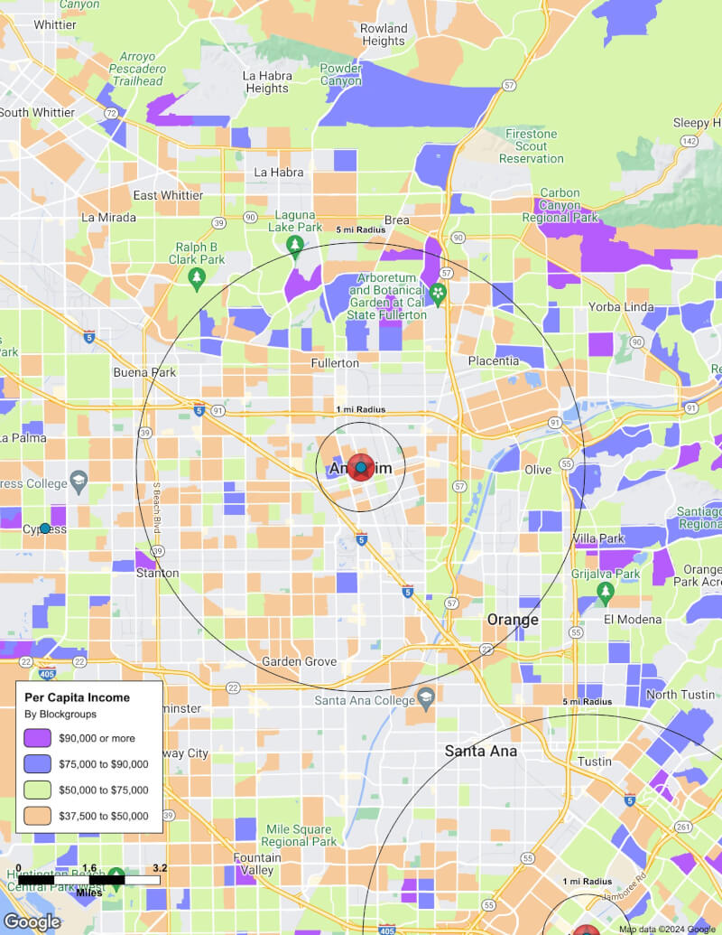 Map of Anaheim,California including demographic data
