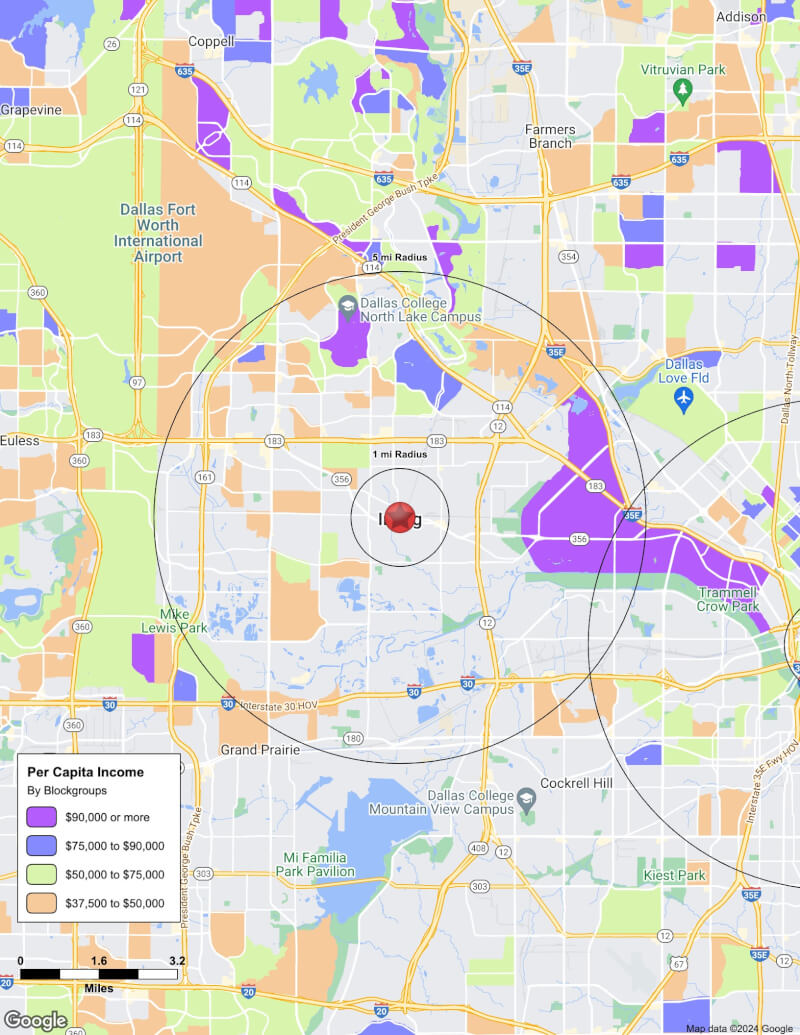 Map of Irving,Texas including demographic data