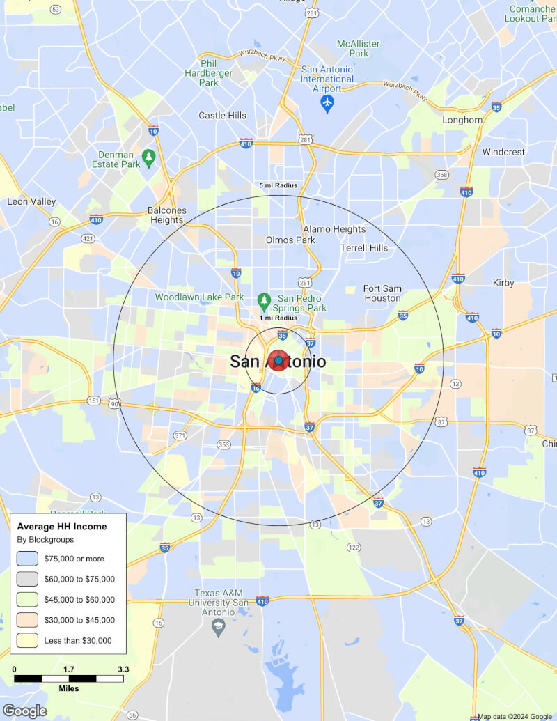 Map of San Antonio,Texas including demographic data