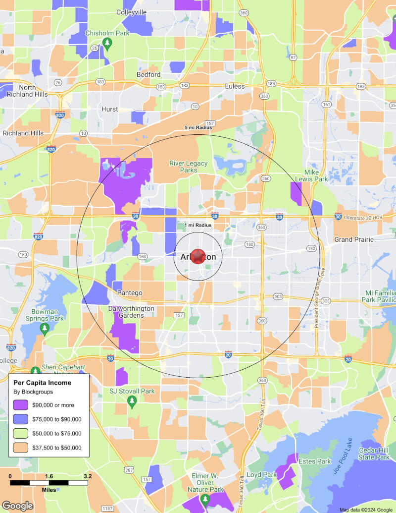 Map of Arlington,Texas including demographic data