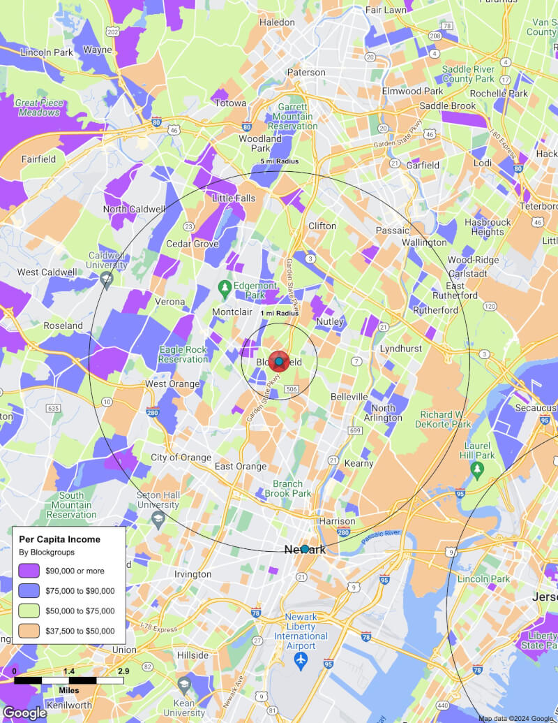 Map of Bloomfield,New Jersey including demographic data
