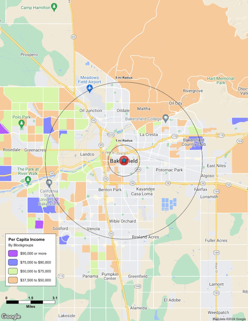 Map of Bakersfield,California including demographic data