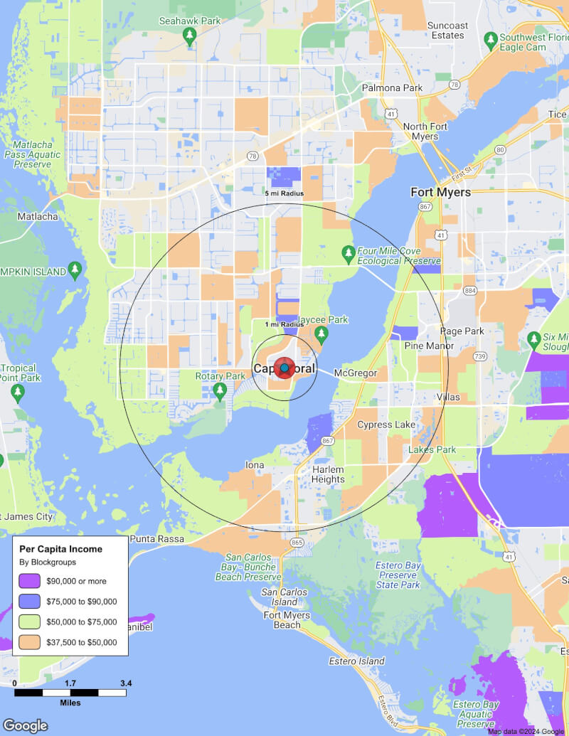 Map of Cape Coral,Florida including demographic data