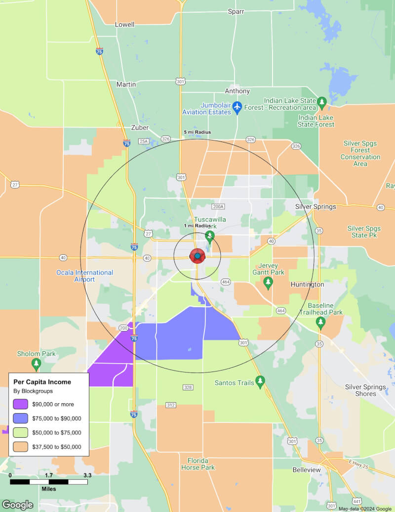 Map of Ocala,Florida including demographic data