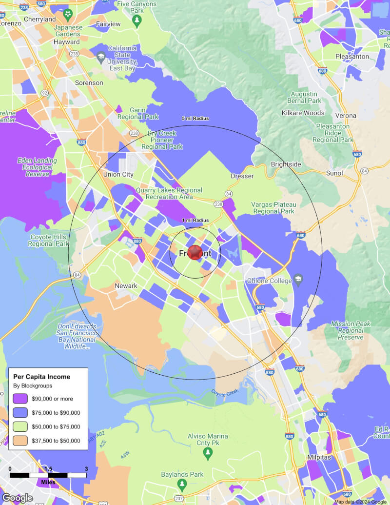 Map of Fremont,California including demographic data