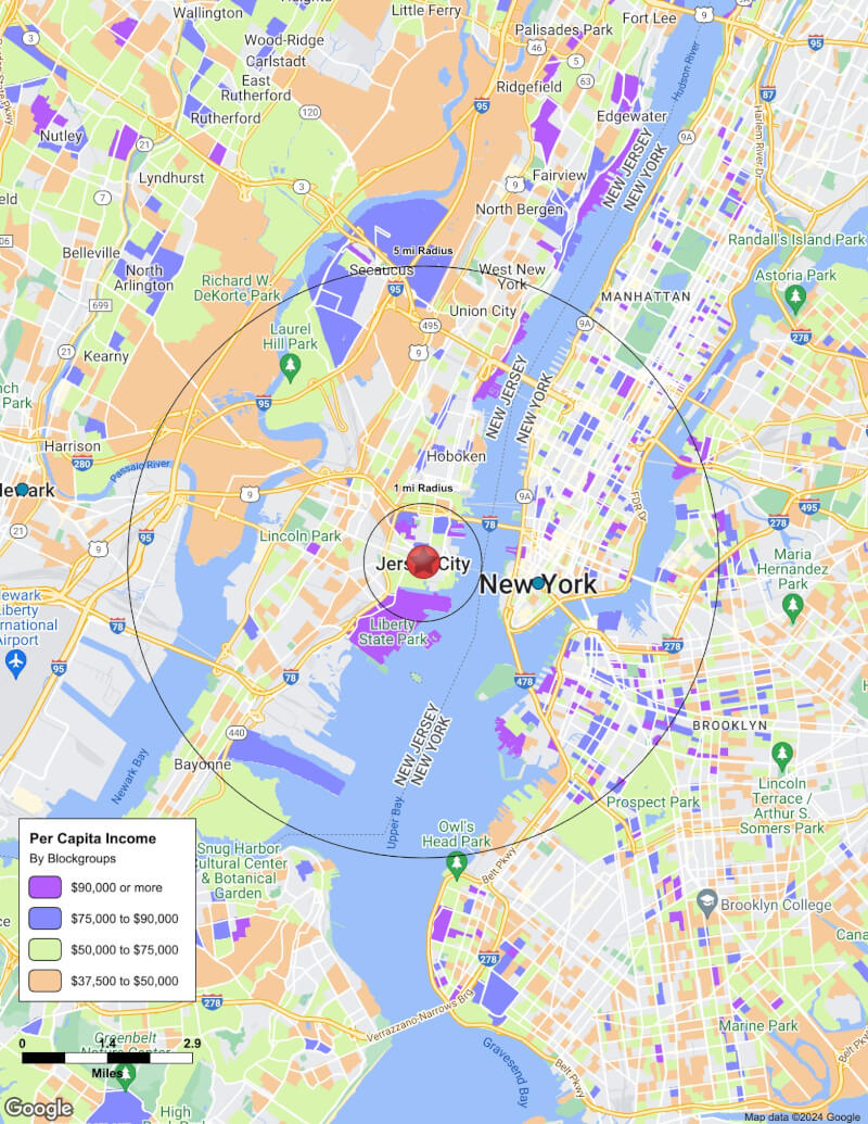 Map of Jersey City,New Jersey including demographic data