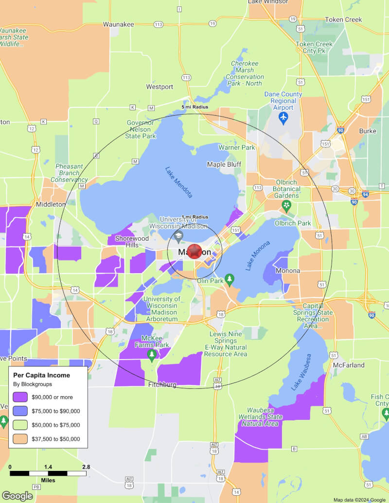 Map of Madison,Wisconsin including demographic data
