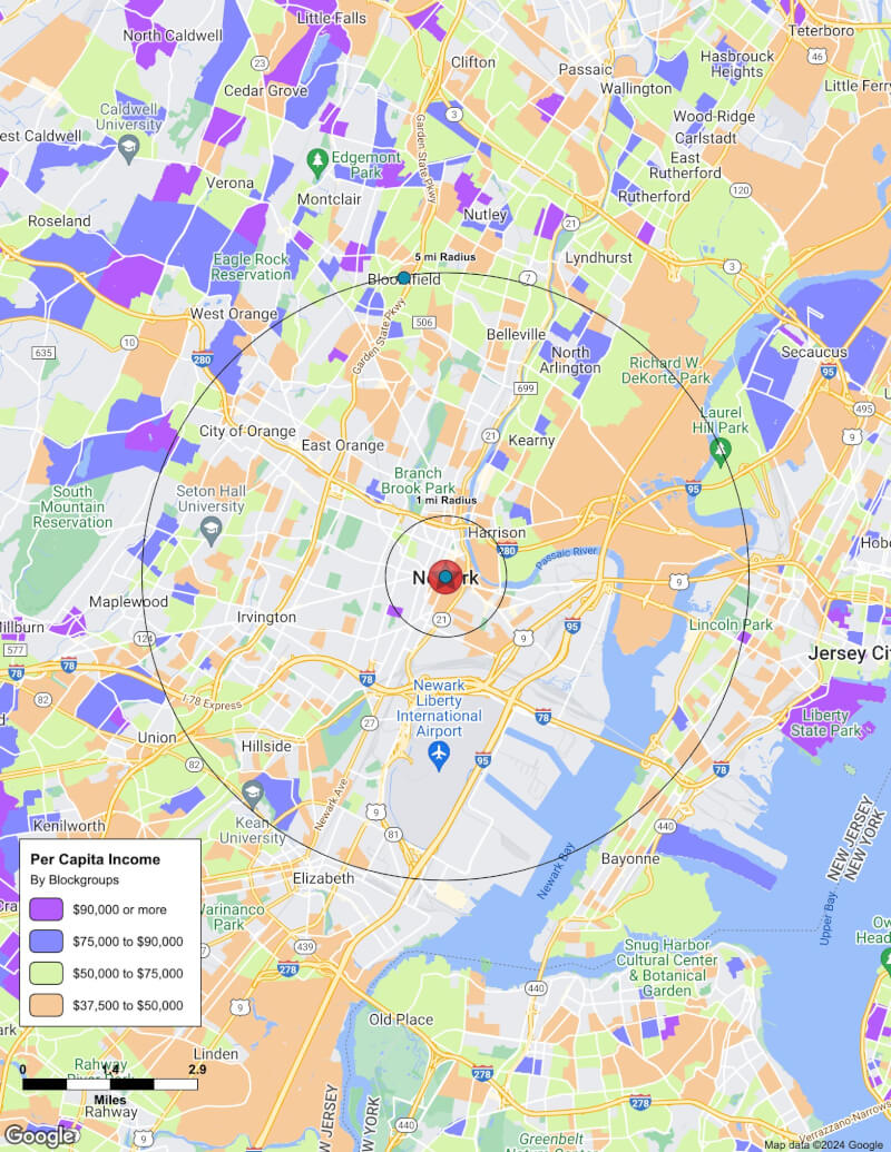 Map of Newark,New Jersey including demographic data