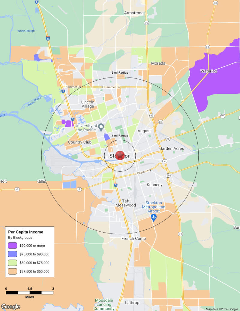 Map of Stockton,California including demographic data