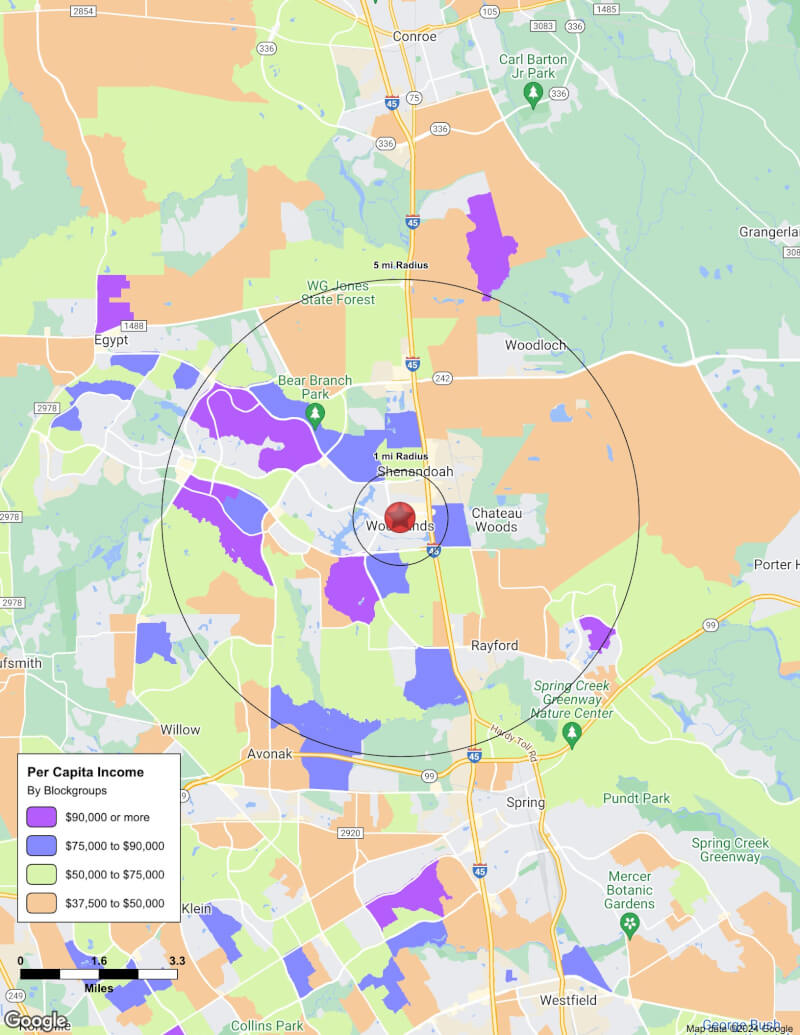 Map of The Woodlands,Texas including demographic data