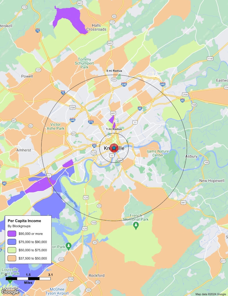 Map of Knoxville,Tennessee including demographic data