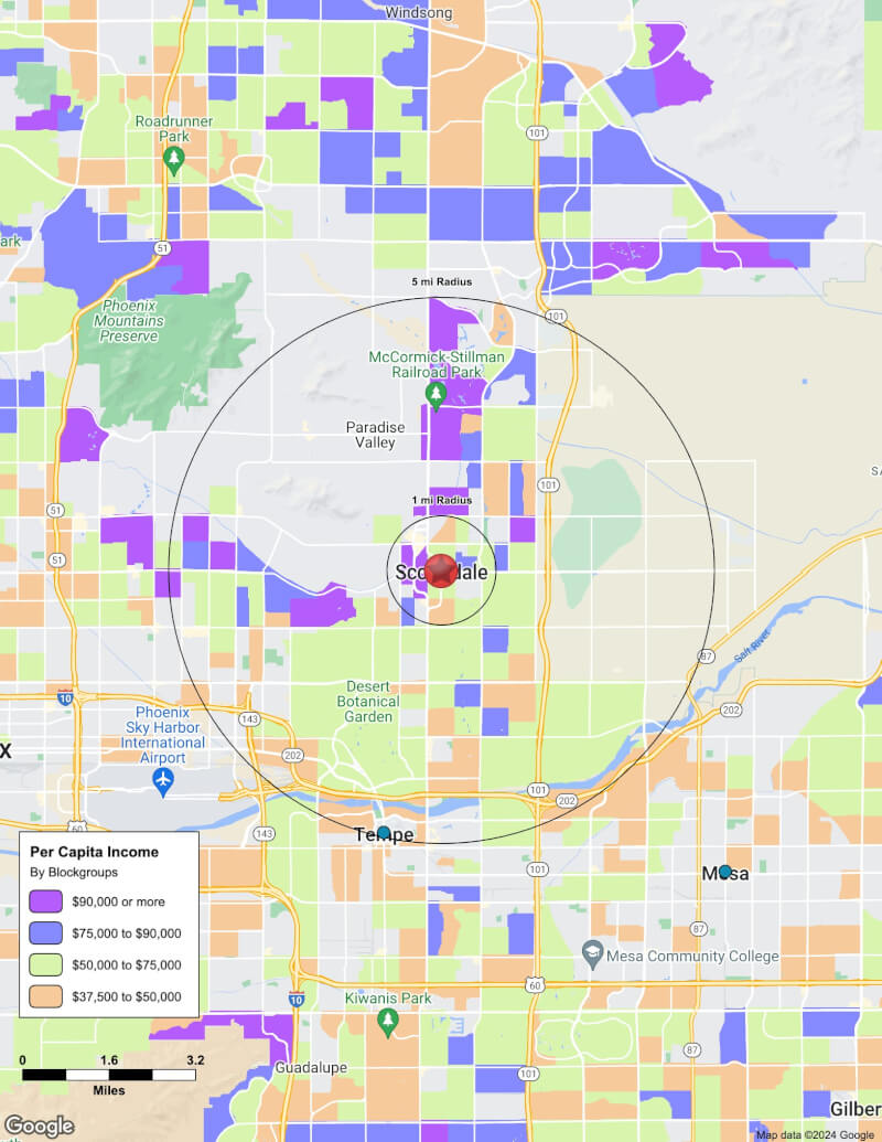 Map of Scottsdale,Arizona including demographic data