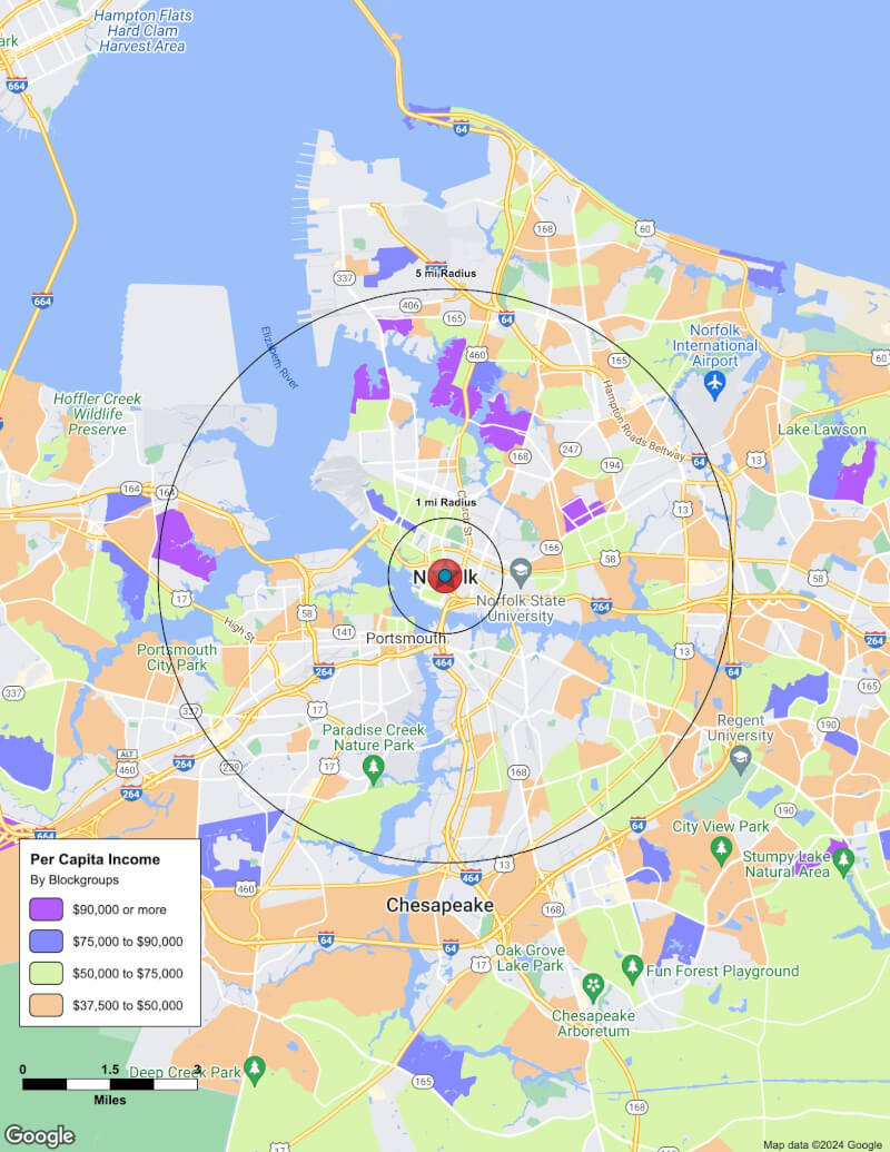 Map of Norfolk,Virginia including demographic data