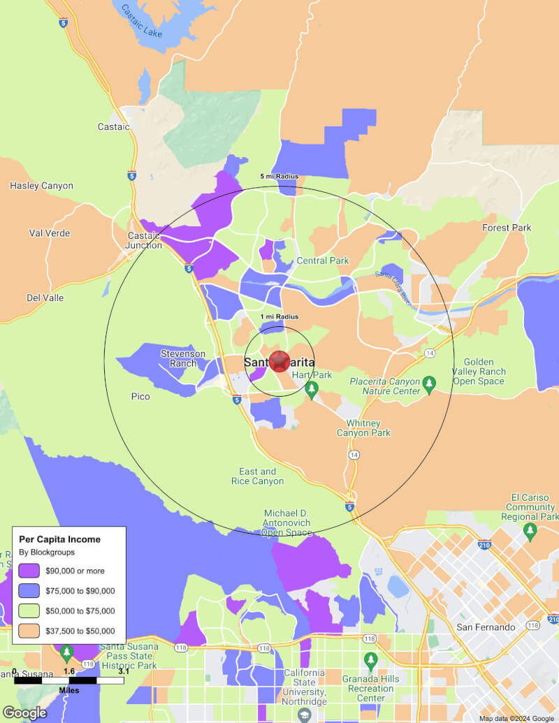 Map of Santa Clarita,California including demographic data