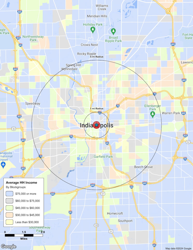 Map of Indianapolis,Indiana including demographic data