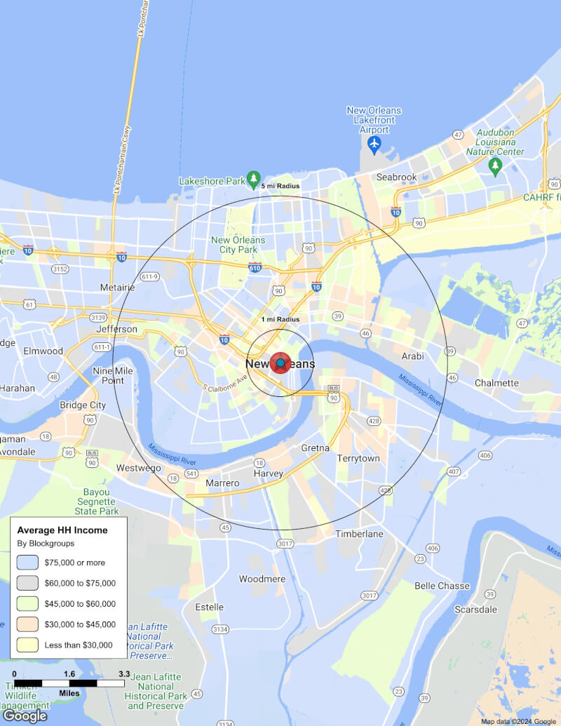 Map of New Orleans,Louisiana including demographic data