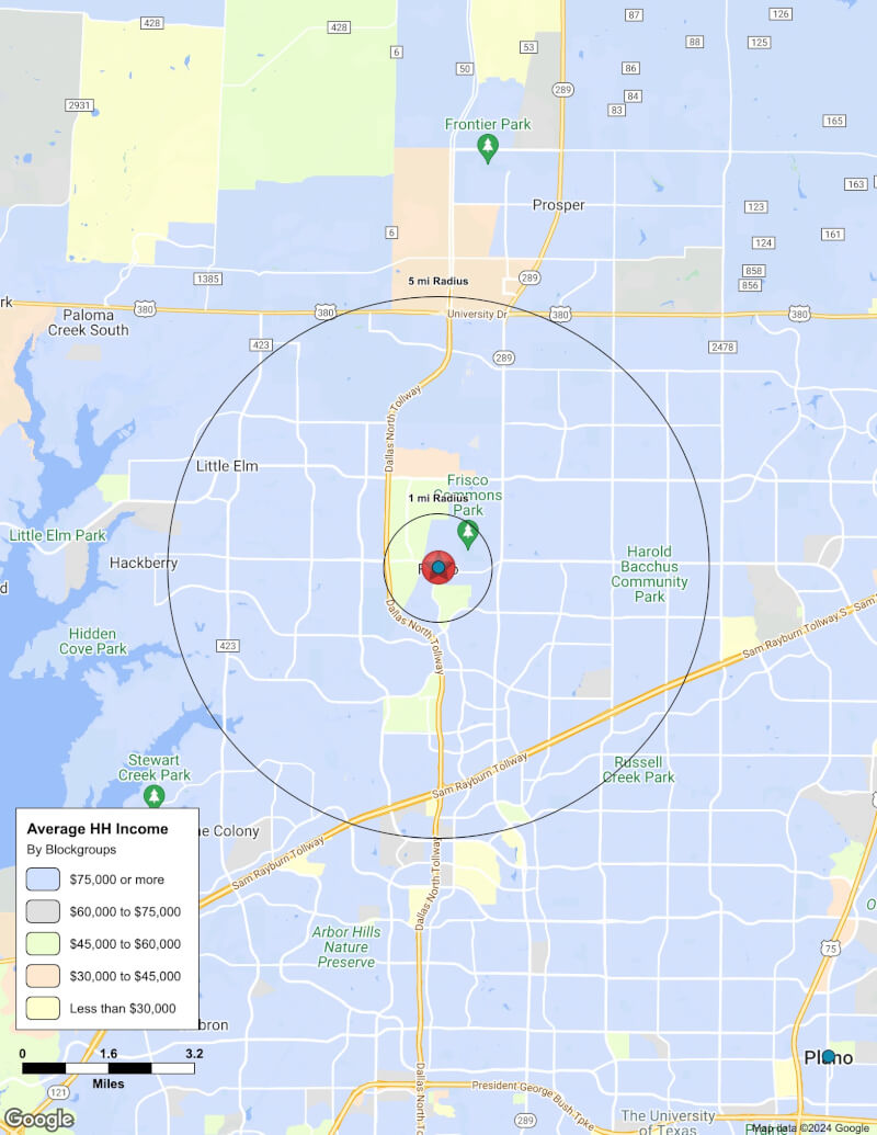 Map of Frisco,Texas including demographic data